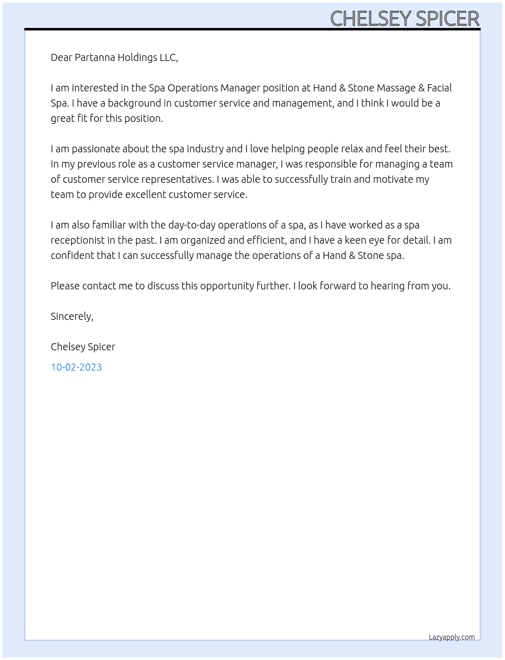 Spa Operations Manager At Hand & Stone Massage & Facial Spa Cover Letter