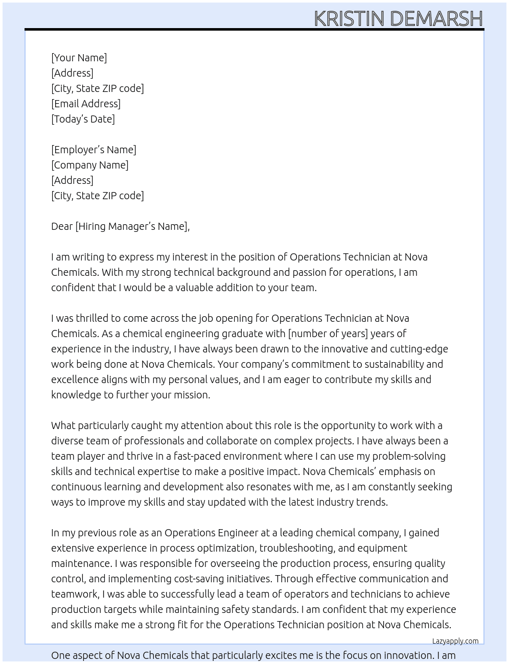 Operations Technician At Nova Chemicals Cover Letter