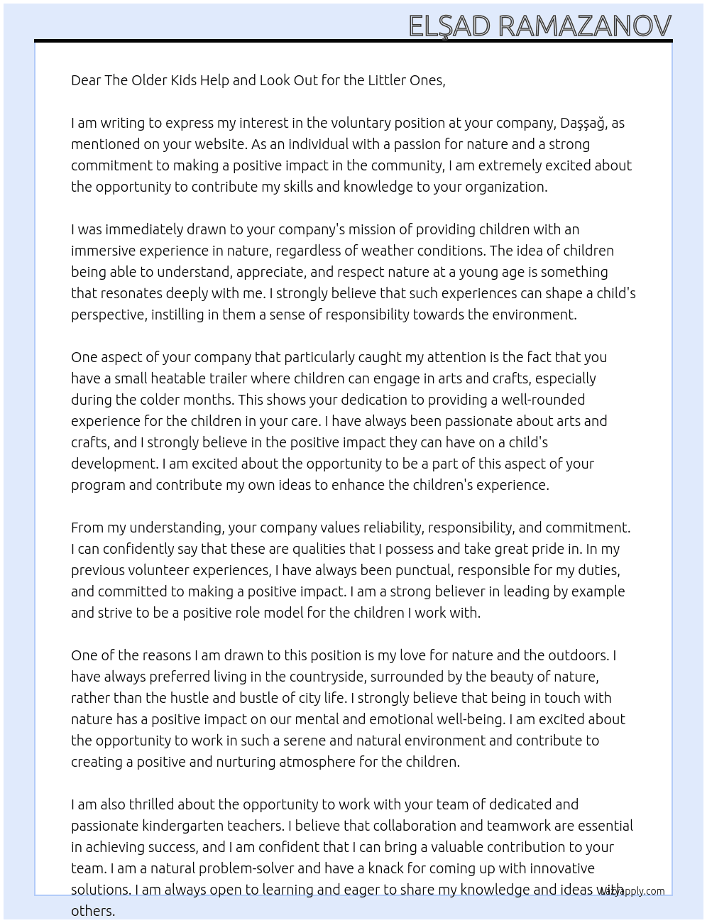 voluntary  At Daşşağ Cover Letter