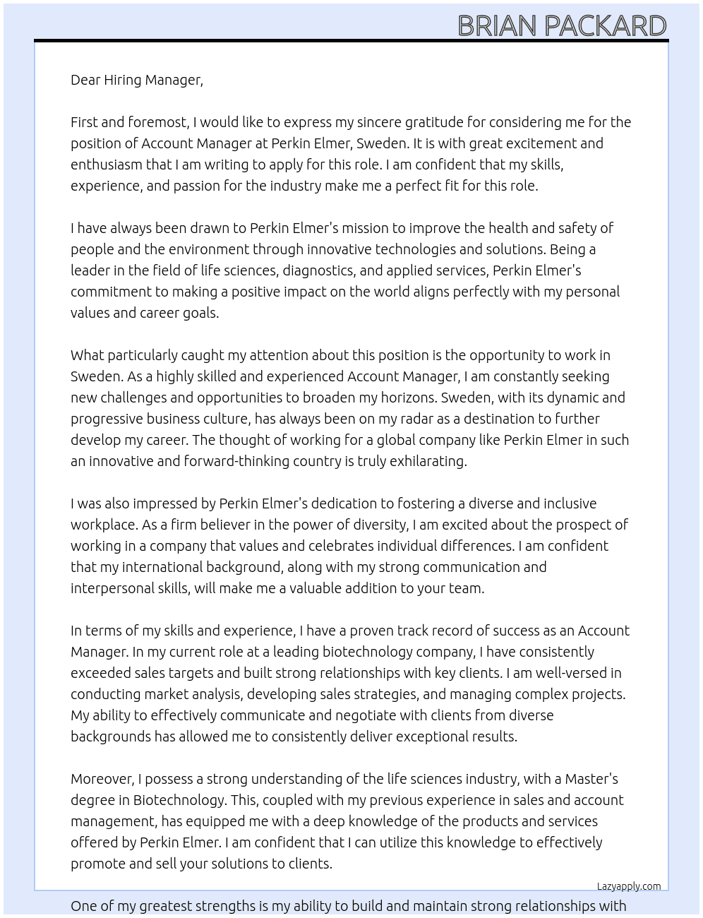 Account Manager Applied Sweden At Perkin Elmer Cover Letter