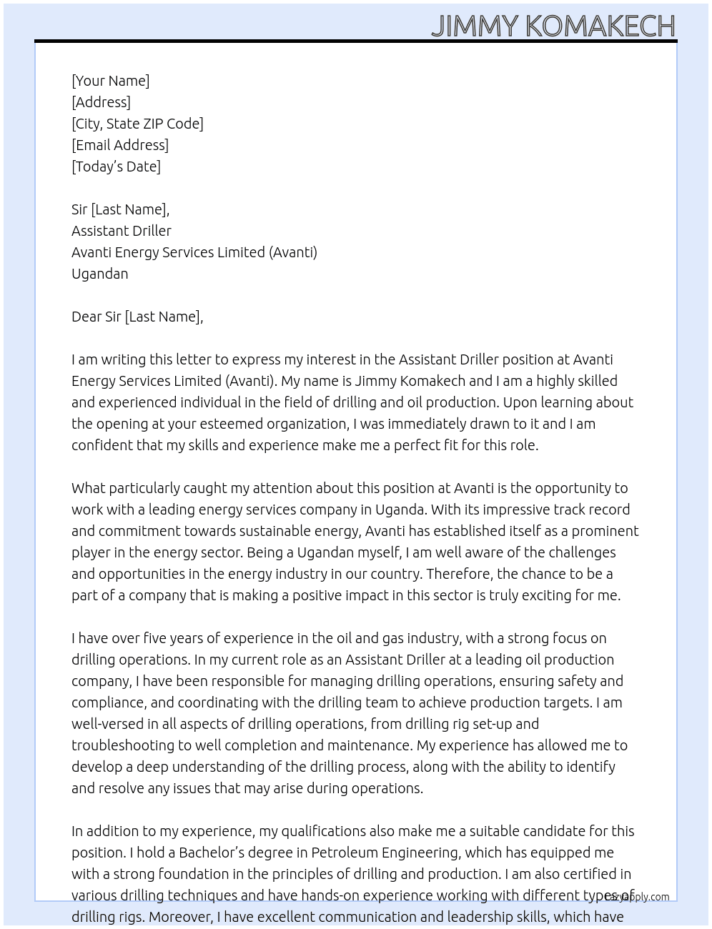 Assistant Driller At Avanti Energy Services Limited (Avanti)-Ugandan Cover Letter