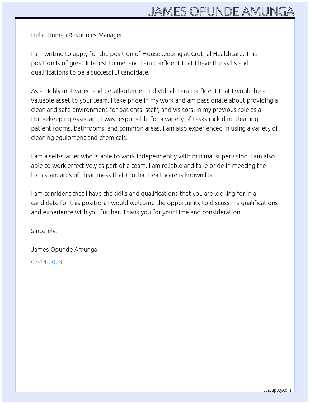 Housekeeping  At Crothal healthcare  Cover Letter