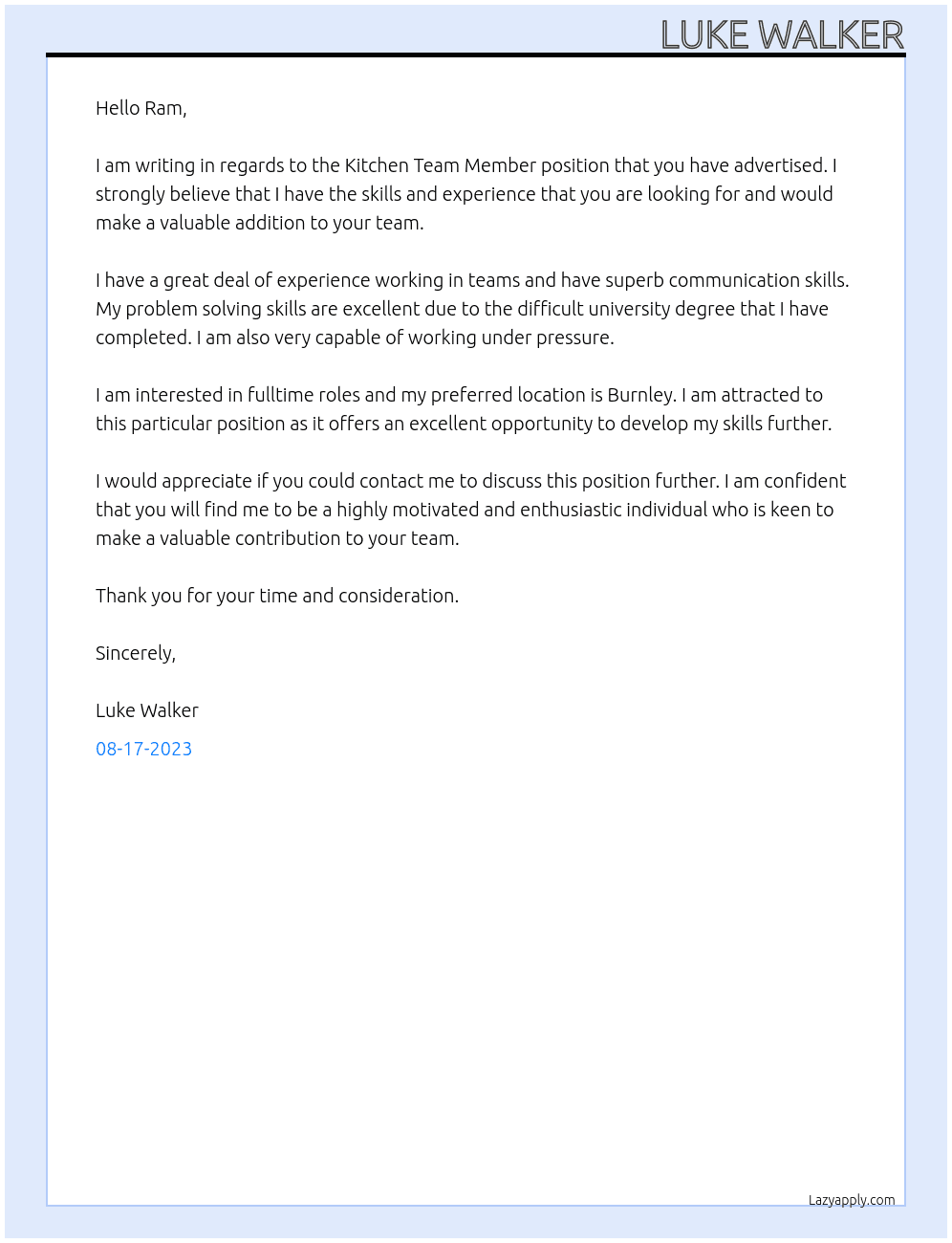 Kitchen Team Member  At Ram  Cover Letter