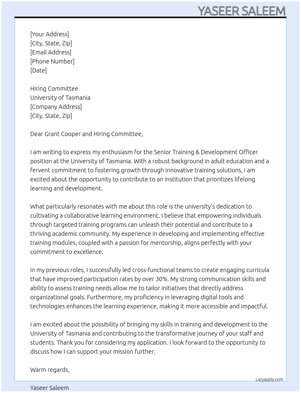 Senior Training & Development Officer At University of Tasmania Cover Letter