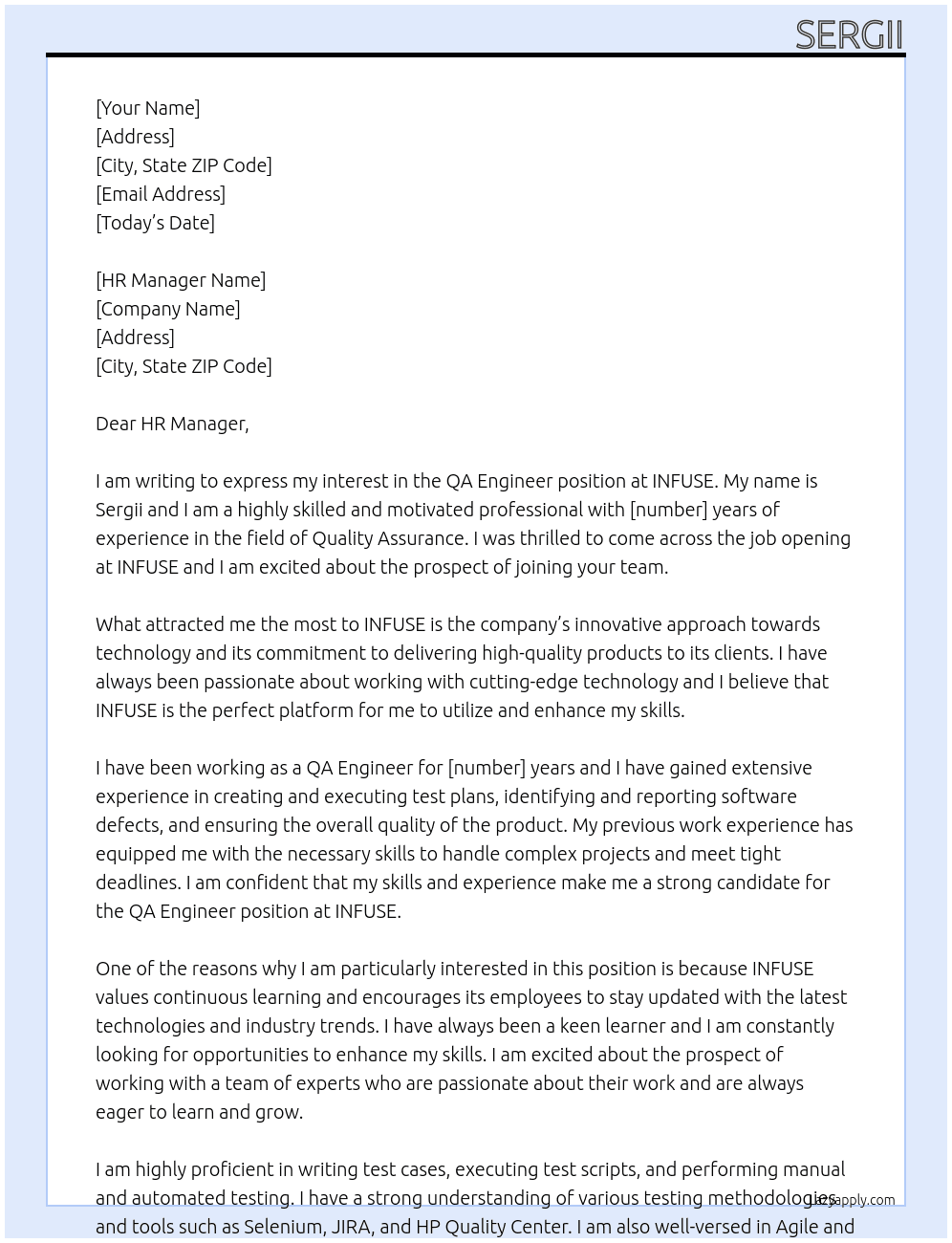 qa engineer At INFUSE Cover Letter