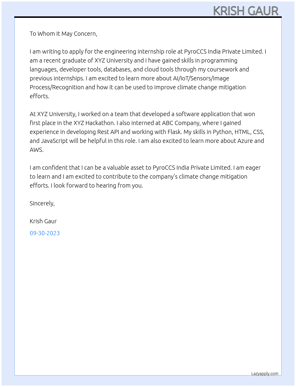 Engineering - AI/IoT/Sensors/Image Process/Recognition (ClimateTech) At PyroCCS India Private Limited Cover Letter