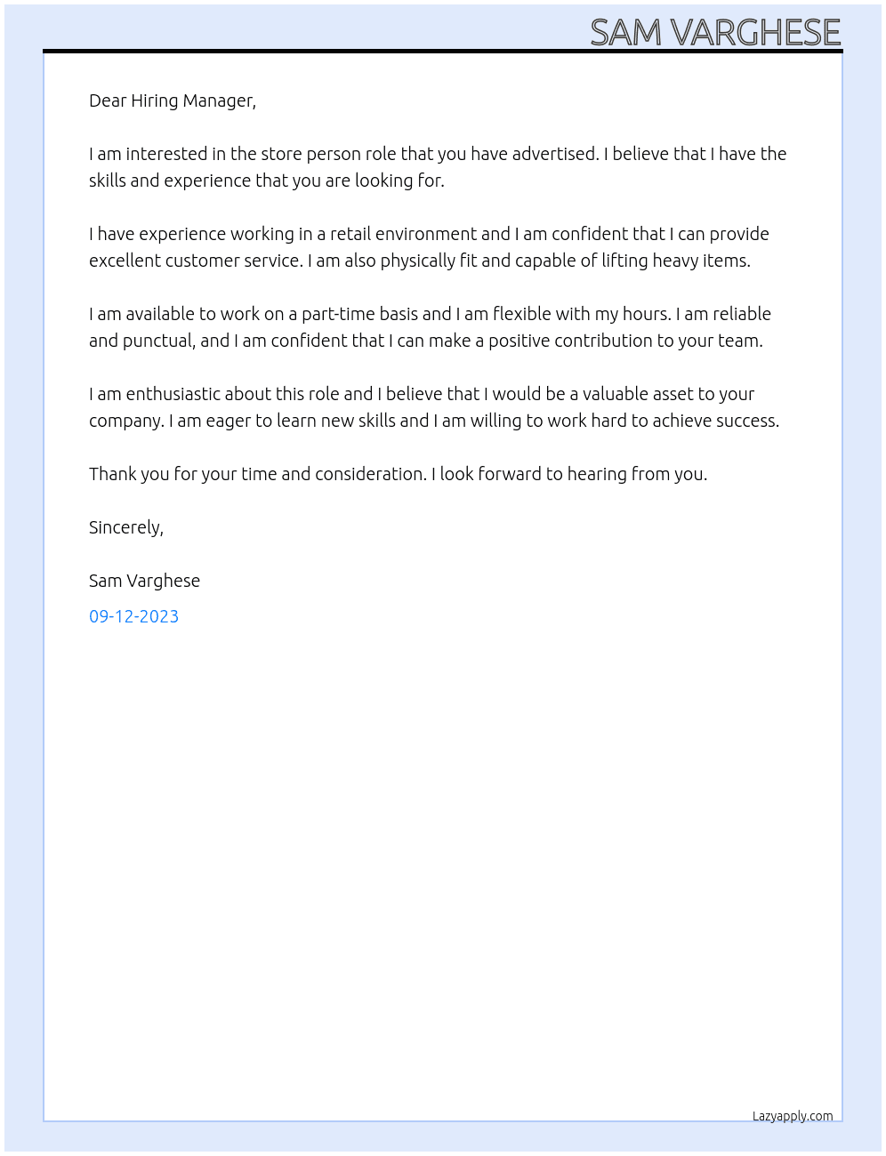 store person At x Cover Letter