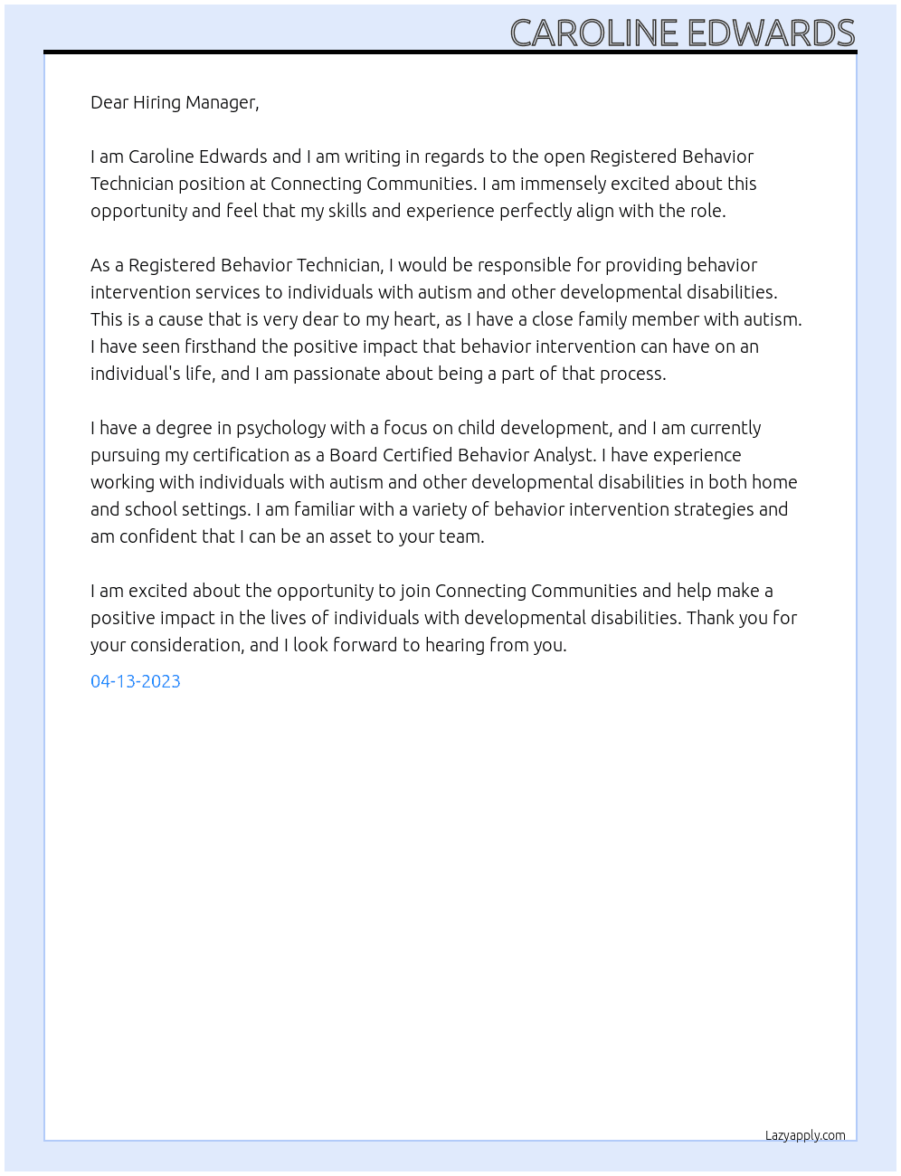 Registered Behavior Technician At Connecting Communities Cover Letter
