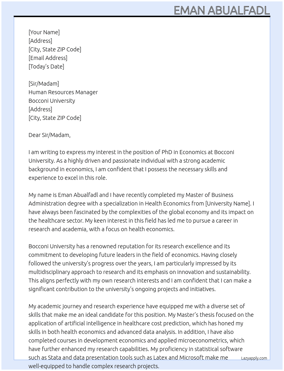 PhD in Economics At Bocconi University Cover Letter