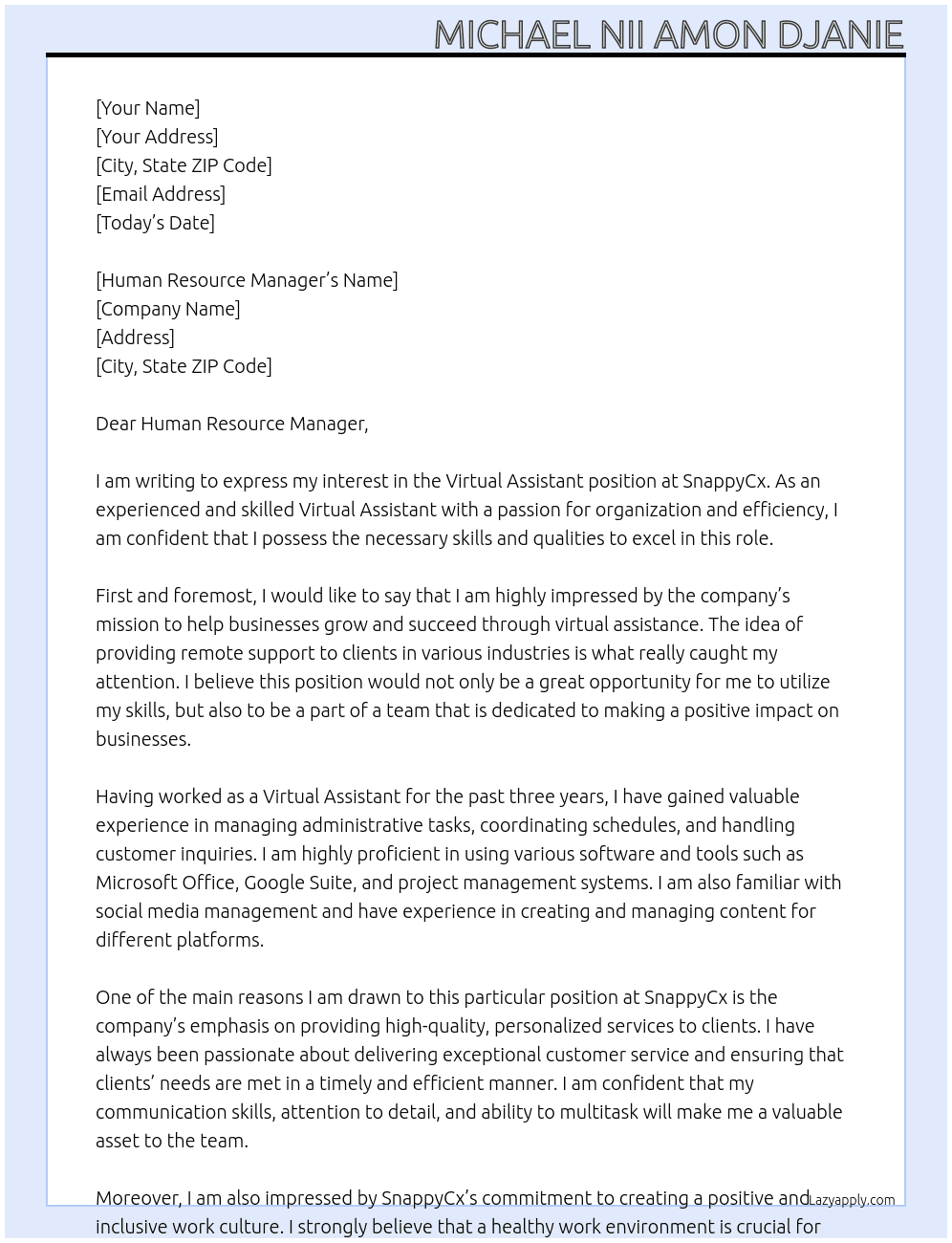 Virtual Assistant  At SnappyCx Cover Letter