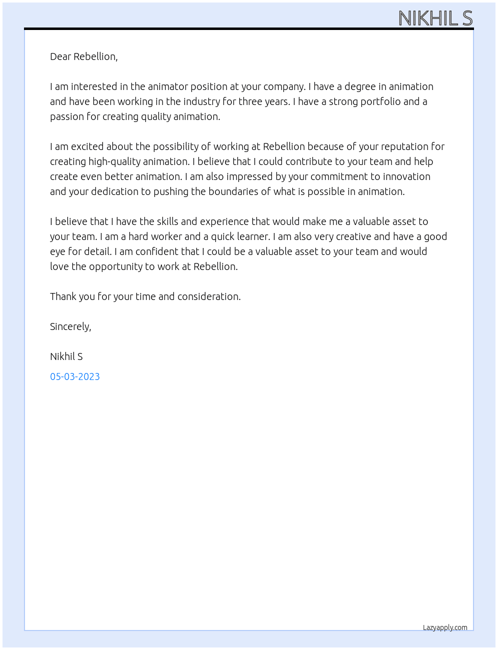Animator At Rebellion Cover Letter