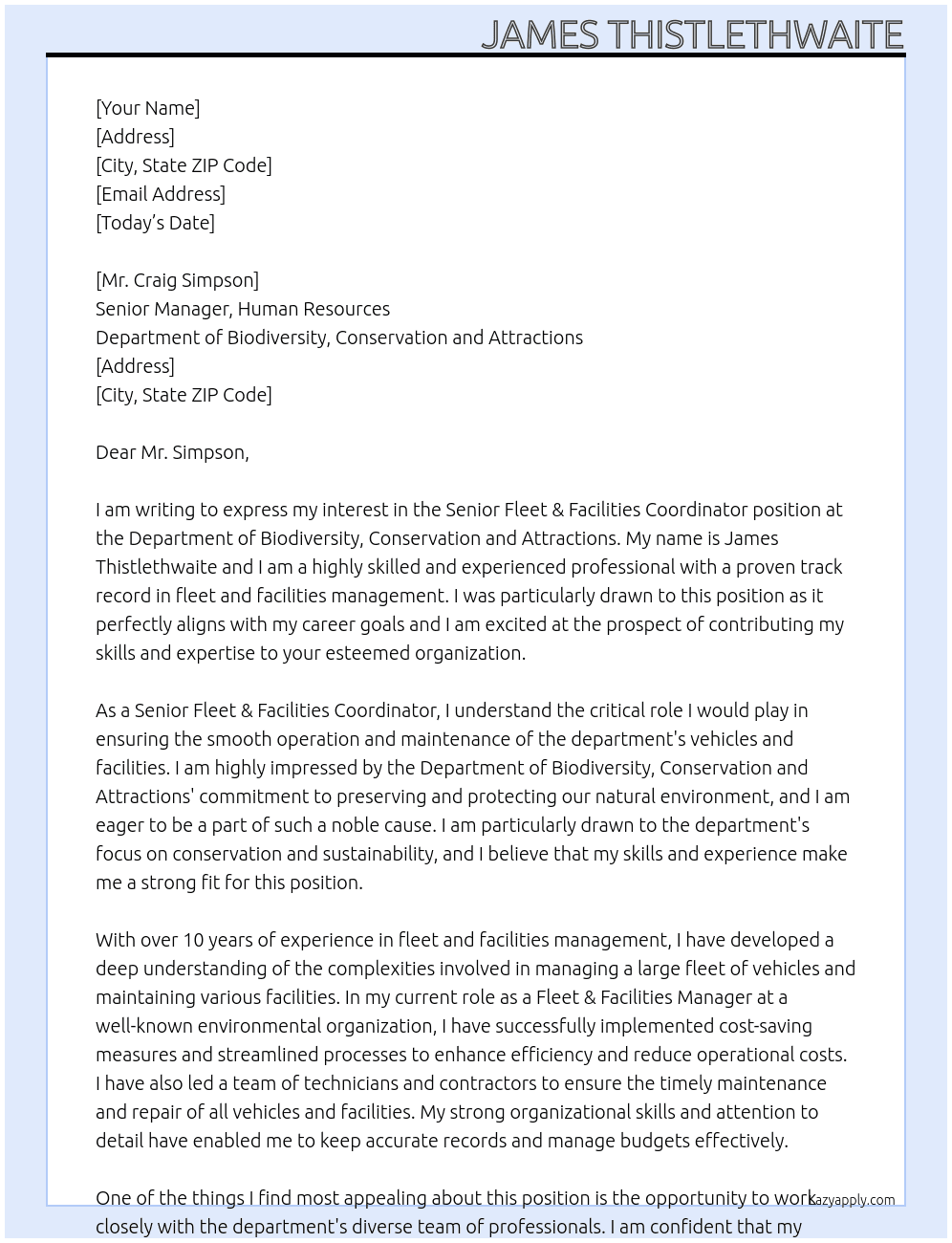 Senior Fleet & Facilities Coordinator At Department of Biodiversity, Conservation and Attractions Cover Letter