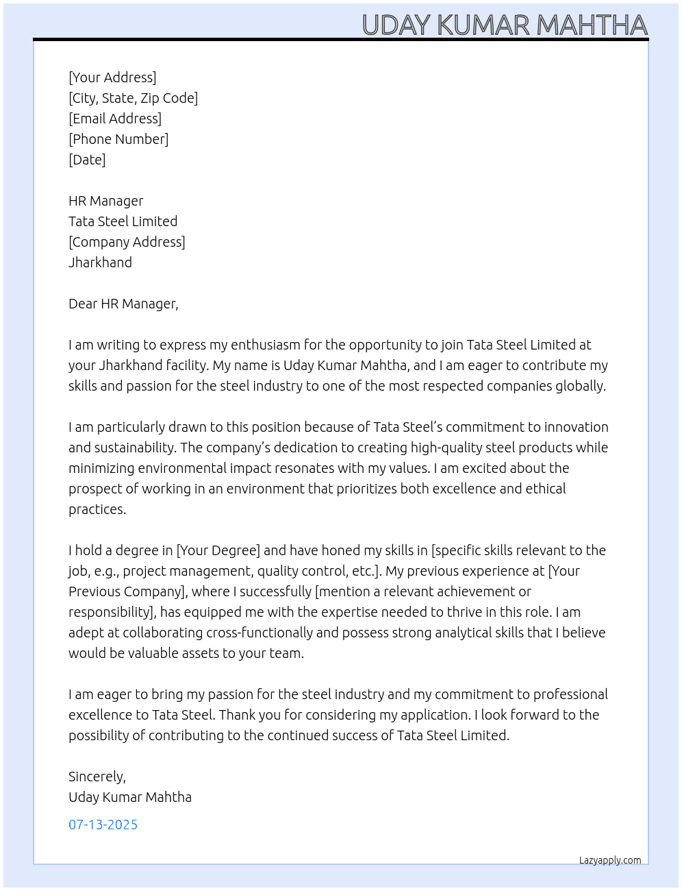 Cover letter for tata steel - LazyApply
