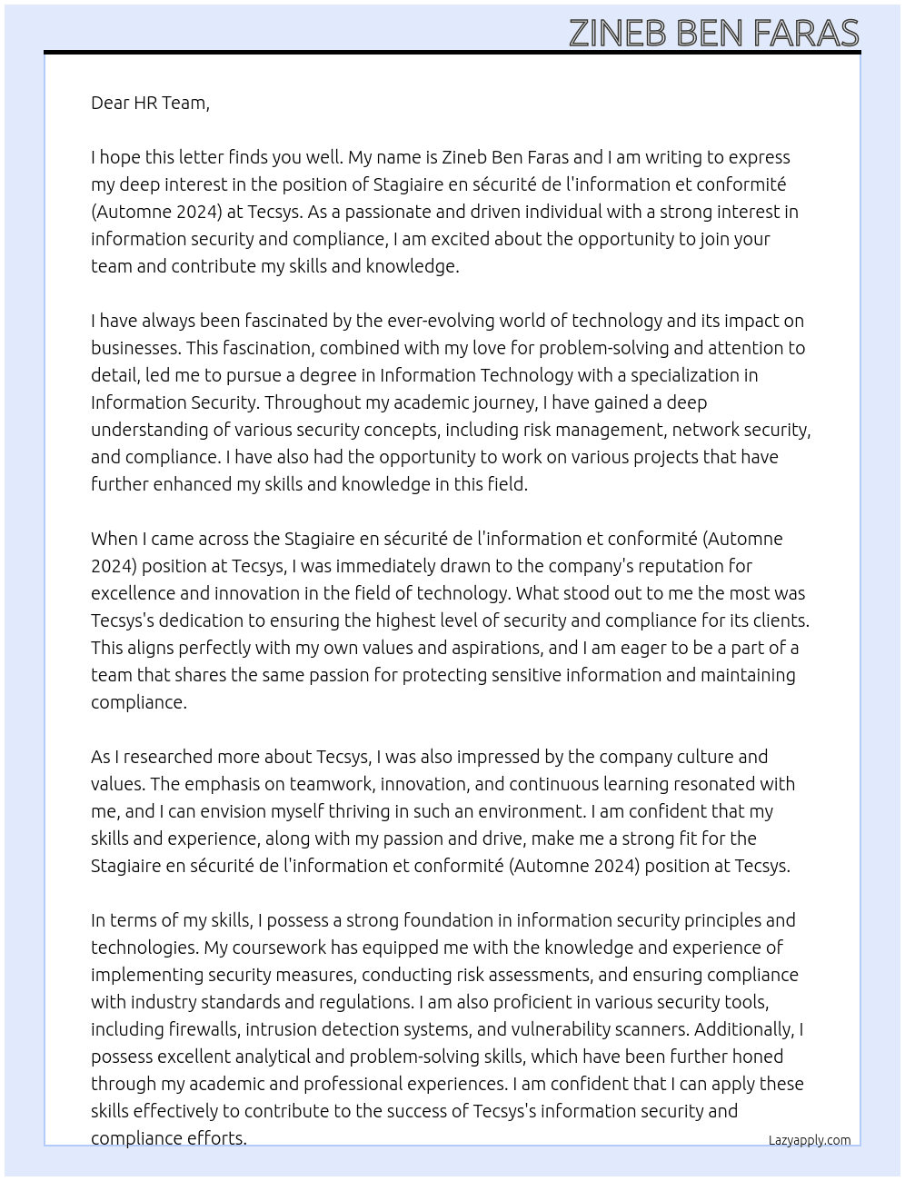 Stagiaire en sécurité de l'information et conformité (Automne 2024) At Tecsys Cover Letter