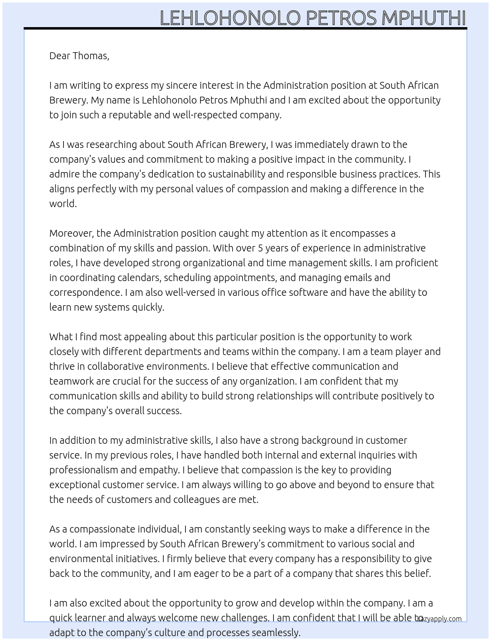 administration  At South African Brewery  Cover Letter