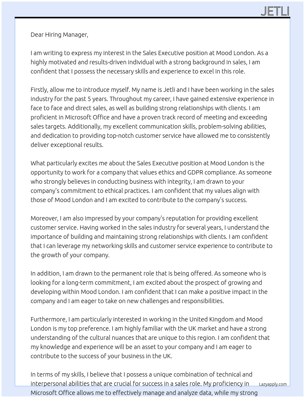 Sales executive At Mood london Cover Letter
