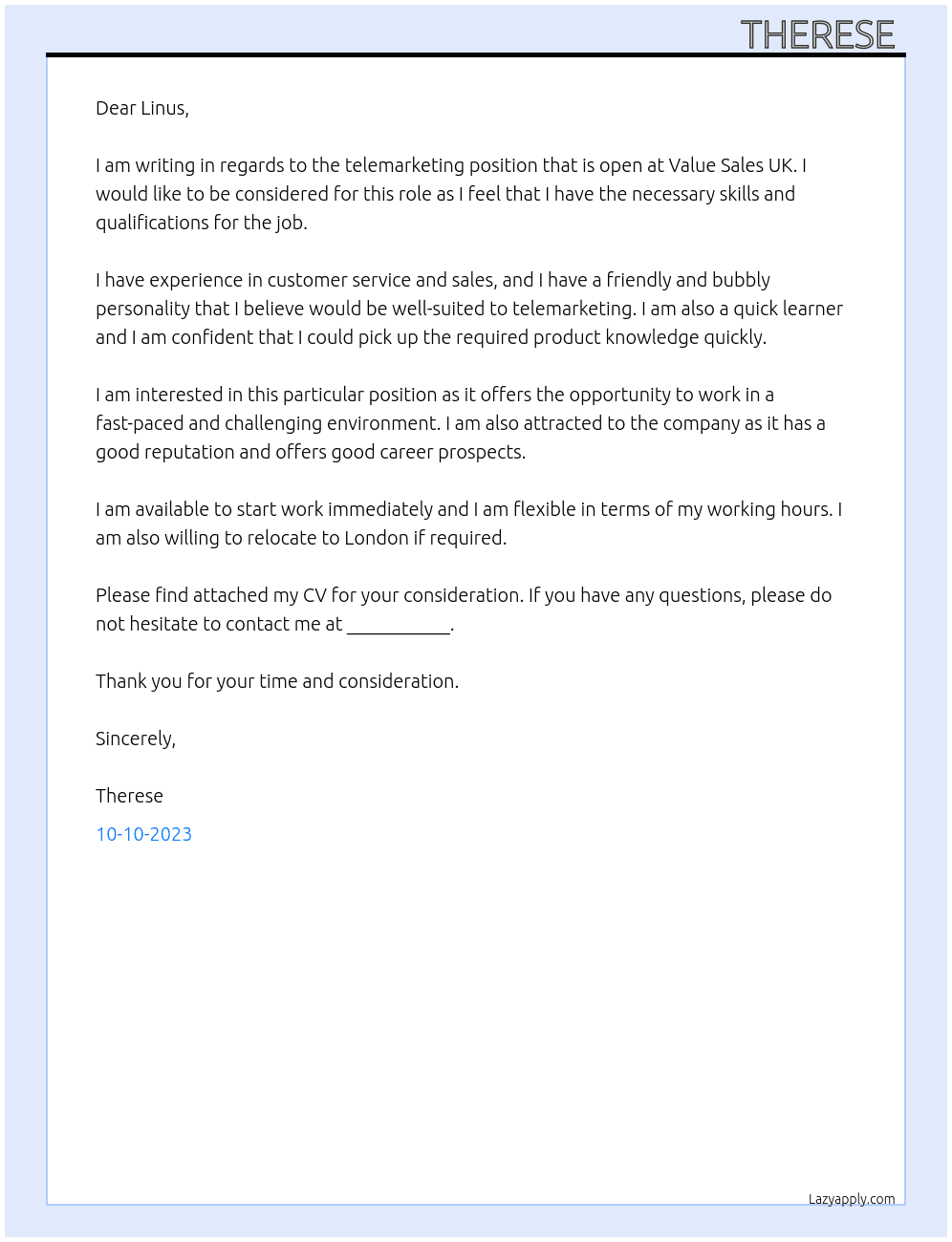 Telemarketing At Value Sales UK Cover Letter