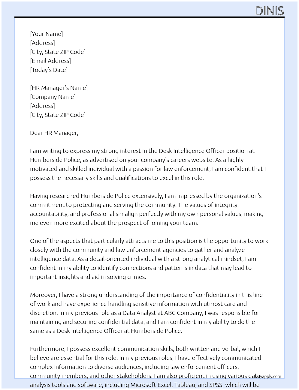 Desk Intelligence Officer At Humberside Police Cover Letter