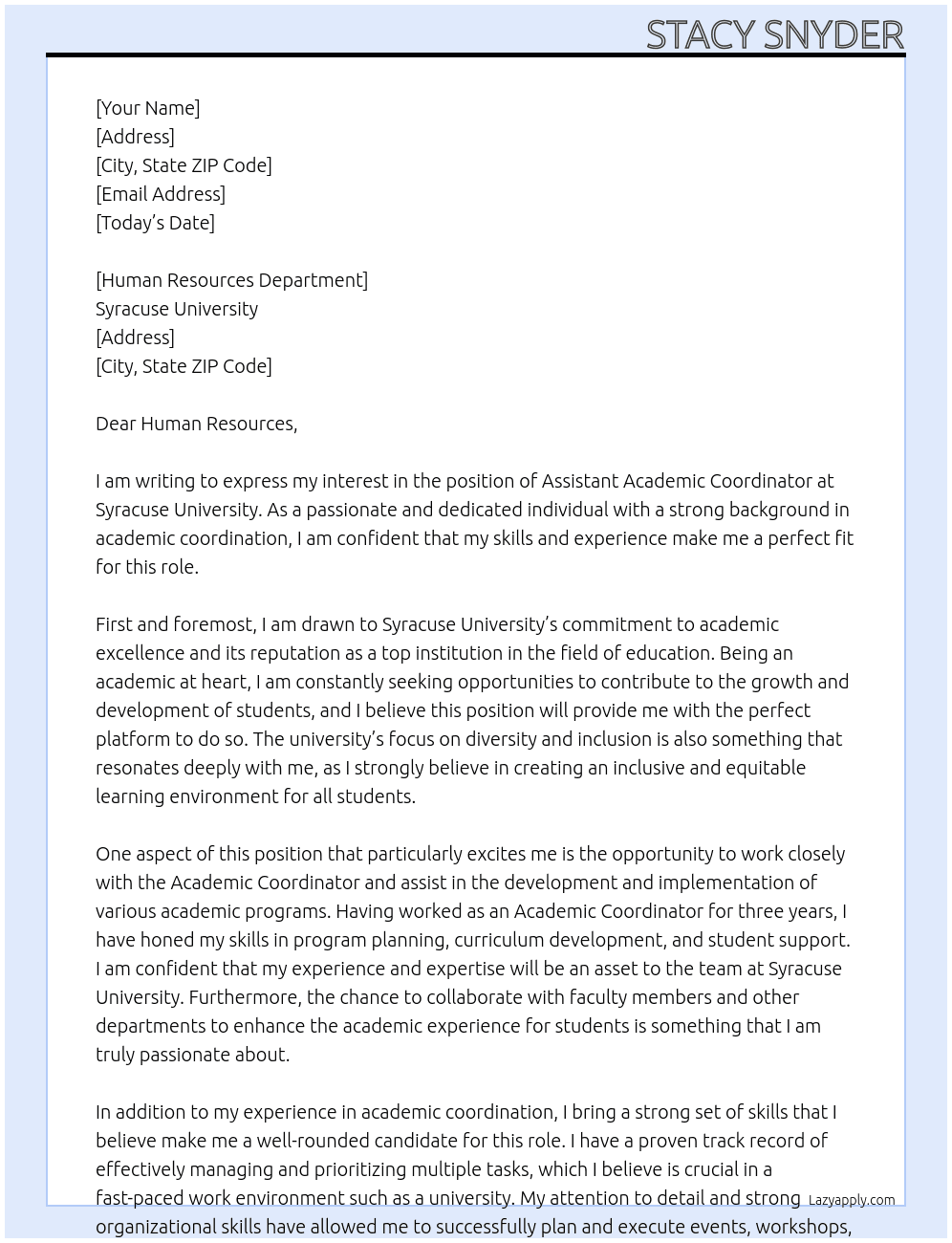 Assistant Academic Coordinator  At Syracuse University Cover Letter