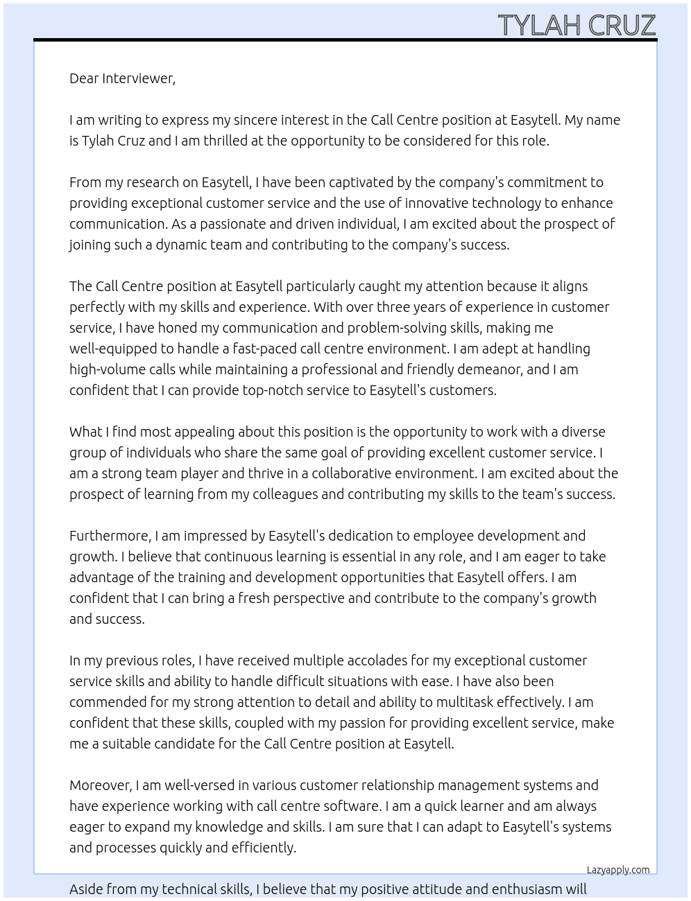 Call centre At Easytell Cover Letter