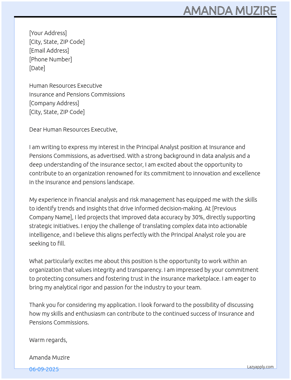 principal analyst insuarance  At Insurance and pensions Commisions  Cover Letter