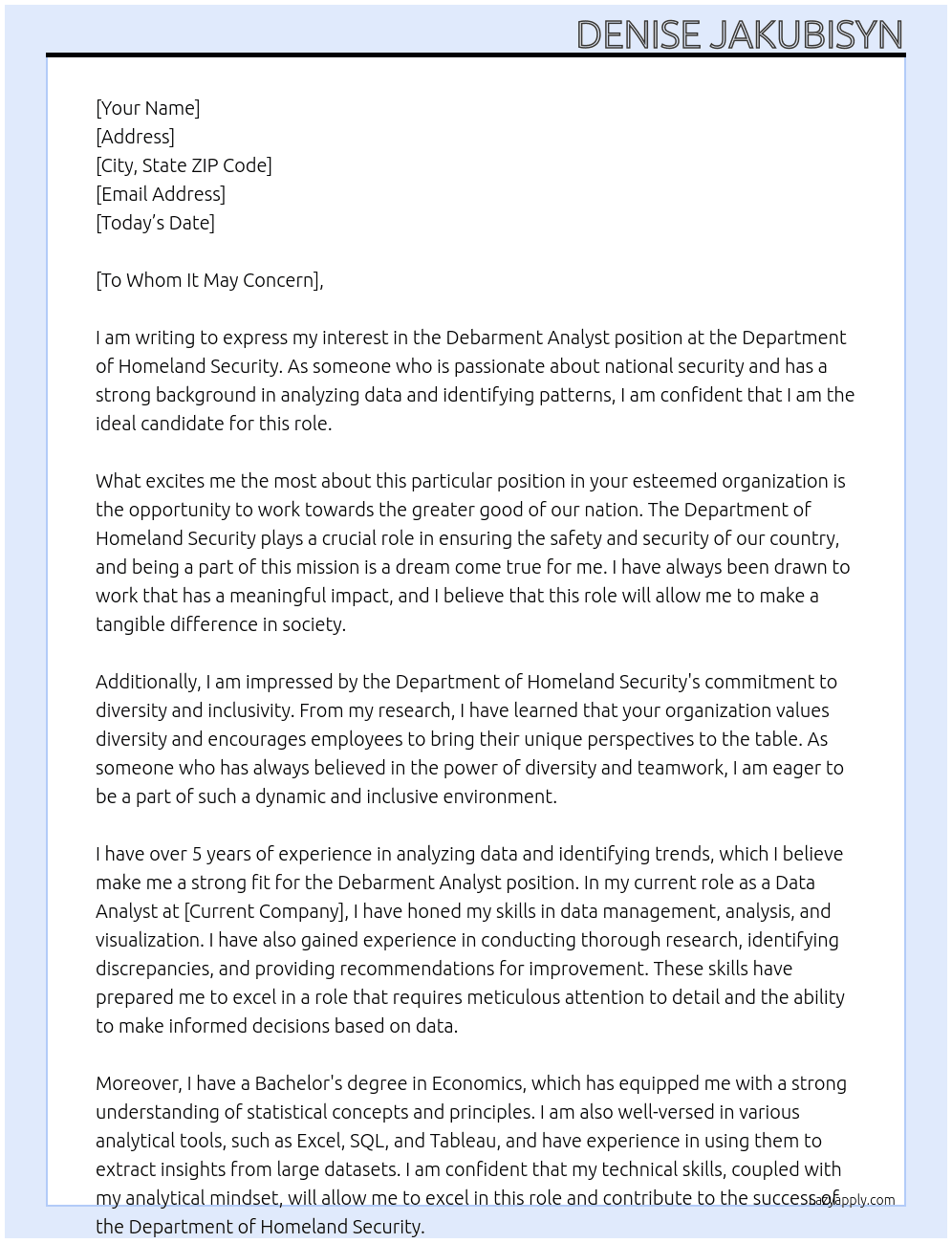 Debarment Analyst At Department of Homeland Security Cover Letter