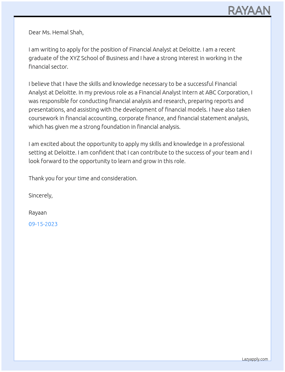 Financial Analysis At Deloitte Cover Letter