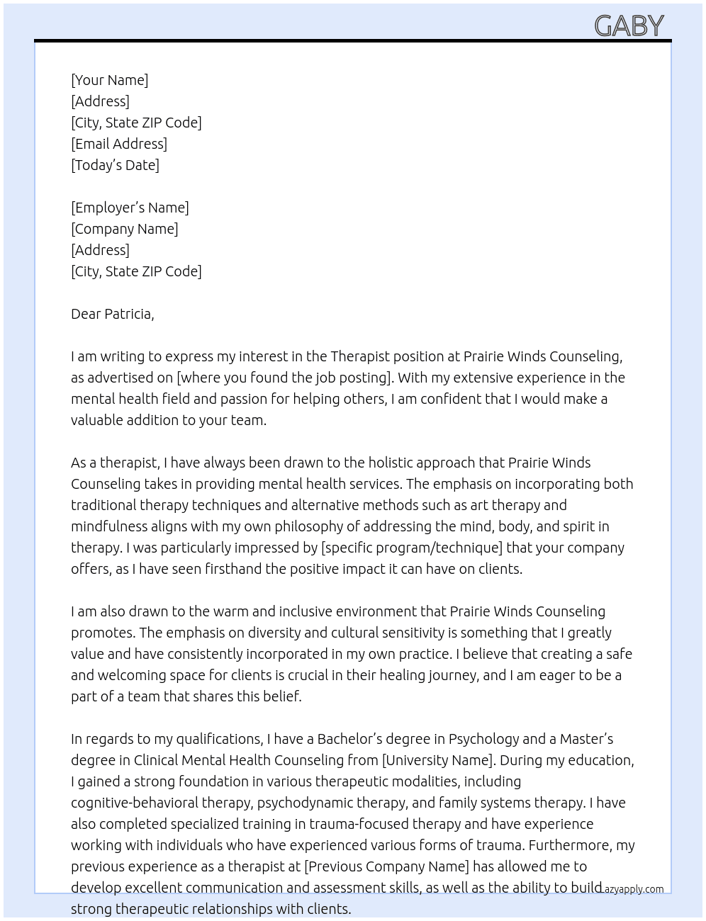 Therapist  At Prairie Winds Counseling Cover Letter