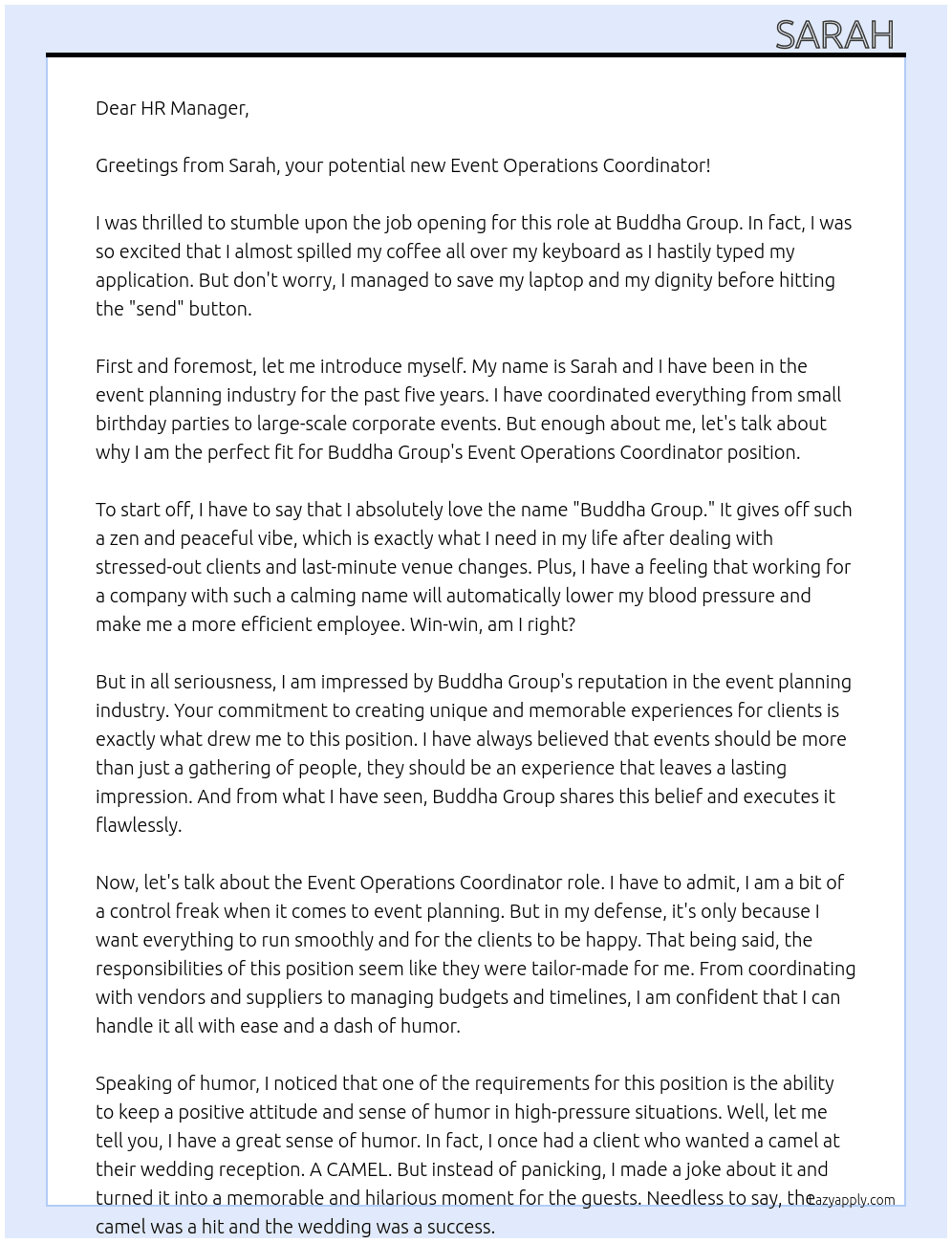 Event - Oporations coordinators At Buddha group Cover Letter
