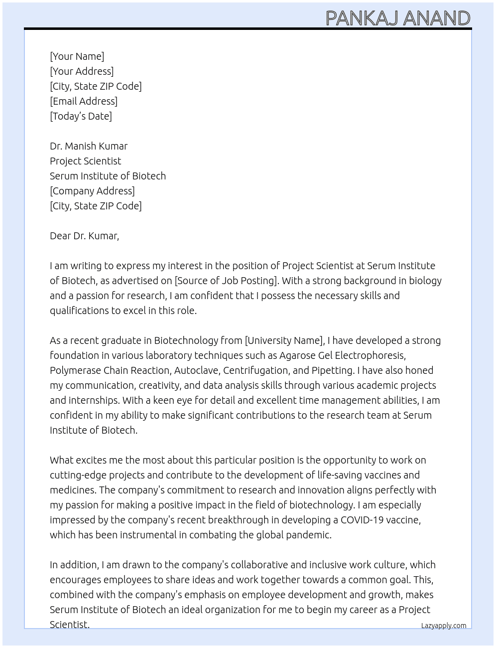 Project Scientist At Serum Institute of Biotech Cover Letter