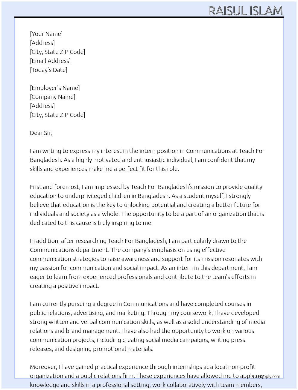 intern in Communications At Teach For Bangladesh Cover Letter