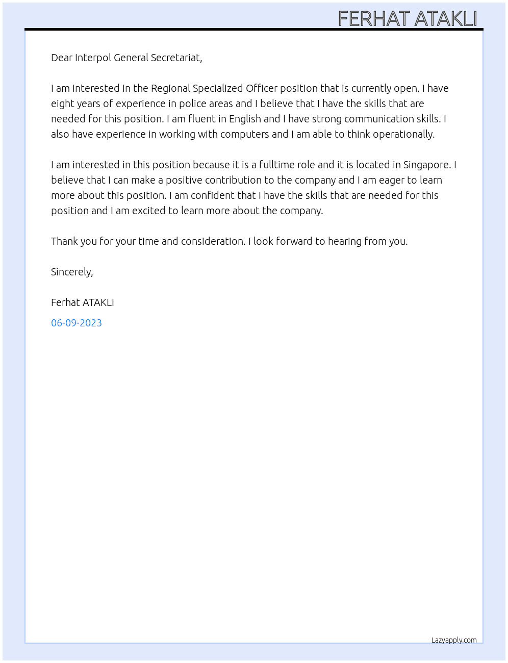 Regional Specialized Officer  At Interpol Cover Letter
