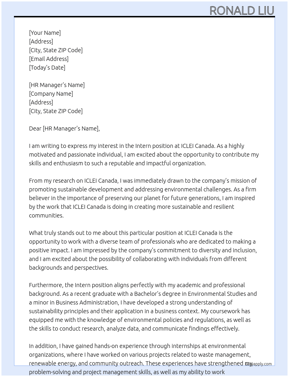 Intern  At ICLEI Canada  Cover Letter