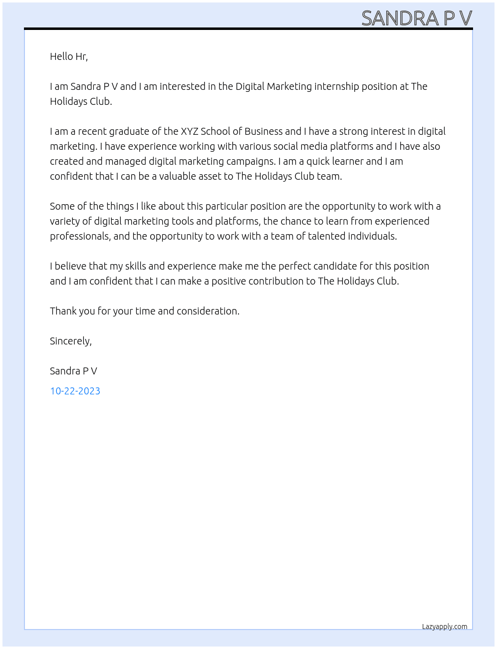 Digital Marketing internship At The Holidays Club Cover Letter