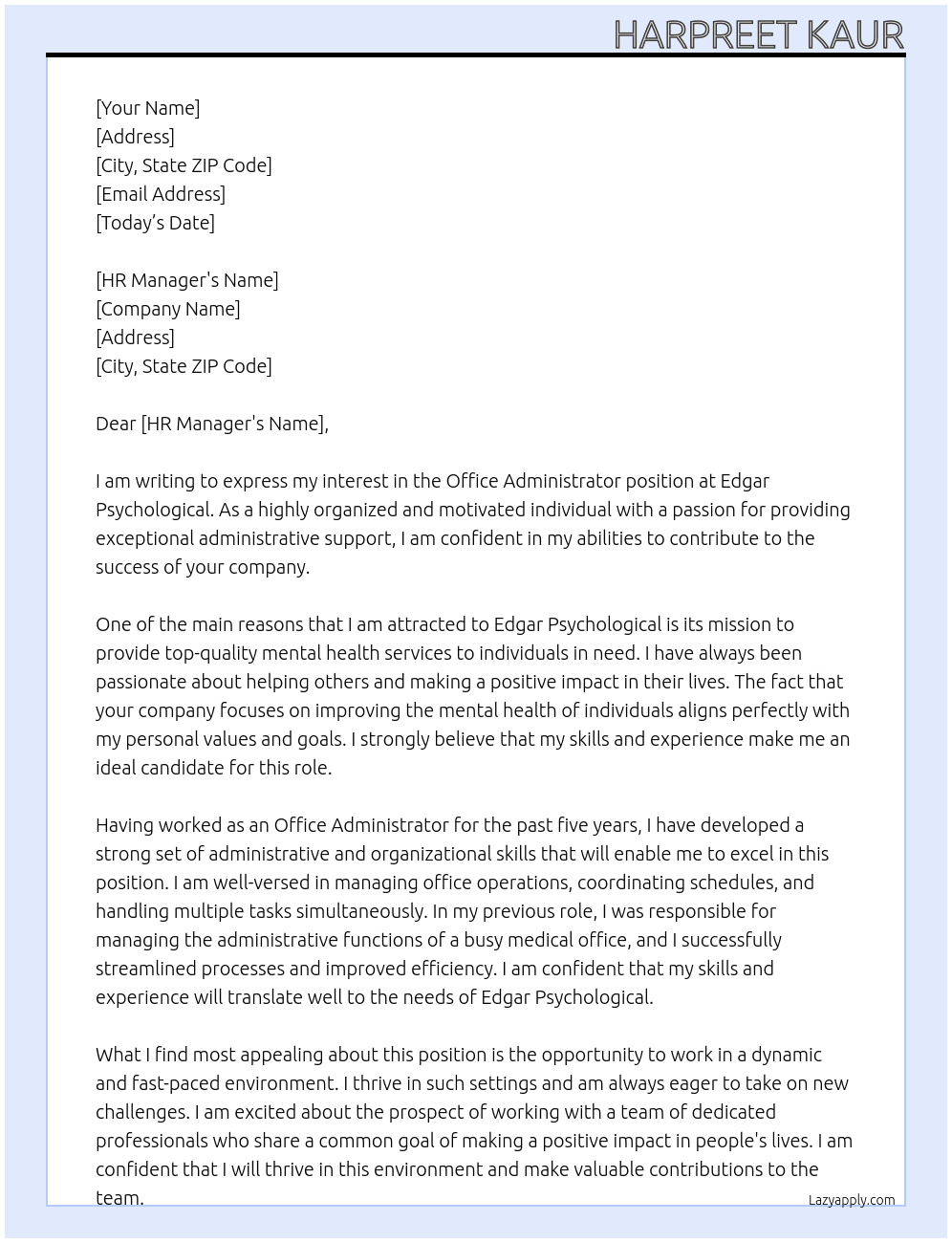 Office Adminstrator At Edgar Psychological Cover Letter