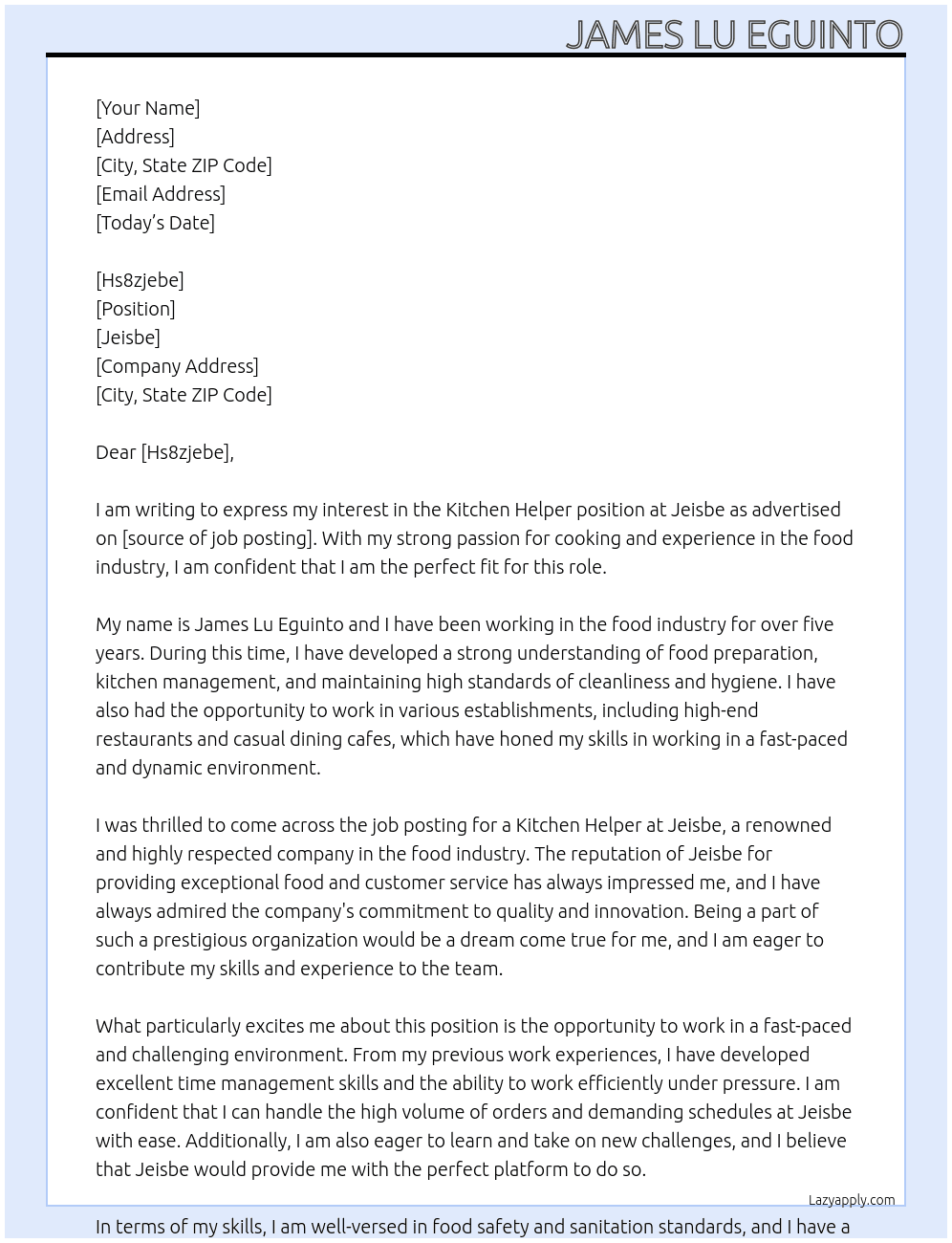 Kitchen Helper At Jeisbe Cover Letter