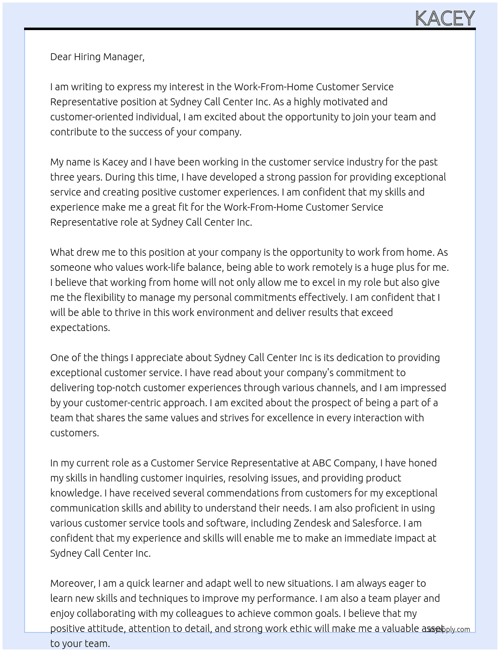 Work-From-Home Customer Service Representative (Full-Time) At Sydney call center inc Cover Letter