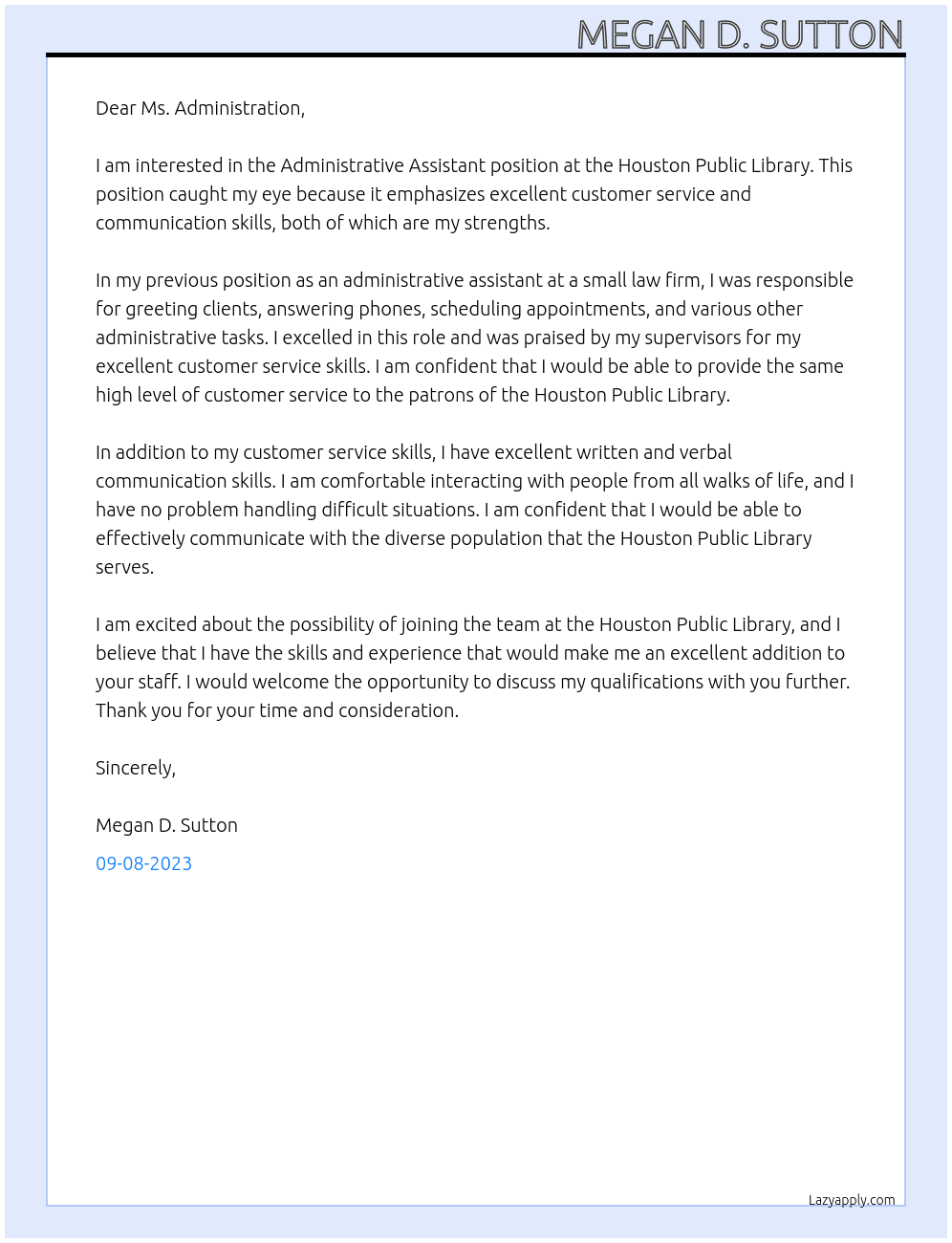 Administrative Assistant At Houston Public Library Cover Letter