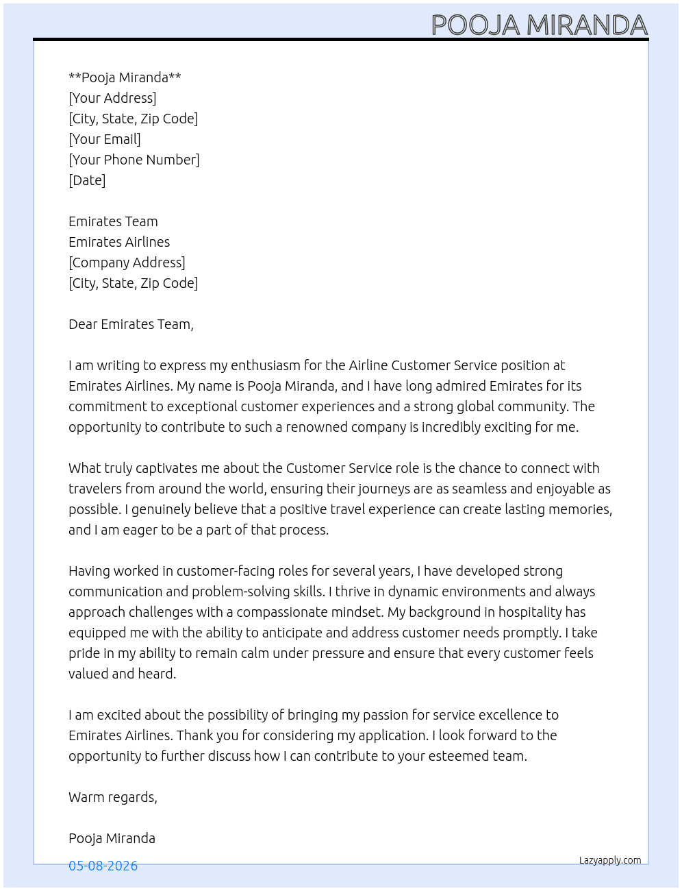 Cover letter for airline customer service - LazyApply