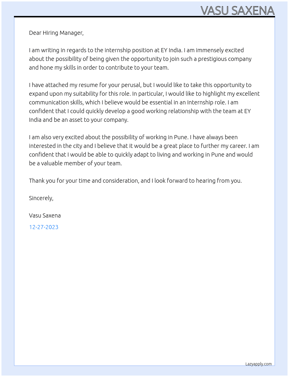 Internship At EY India Cover Letter
