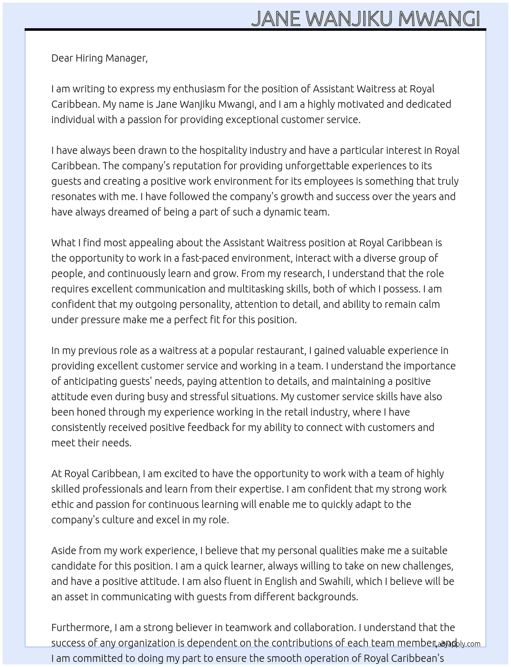 Assistant waitress  At Royal Caribbean  Cover Letter