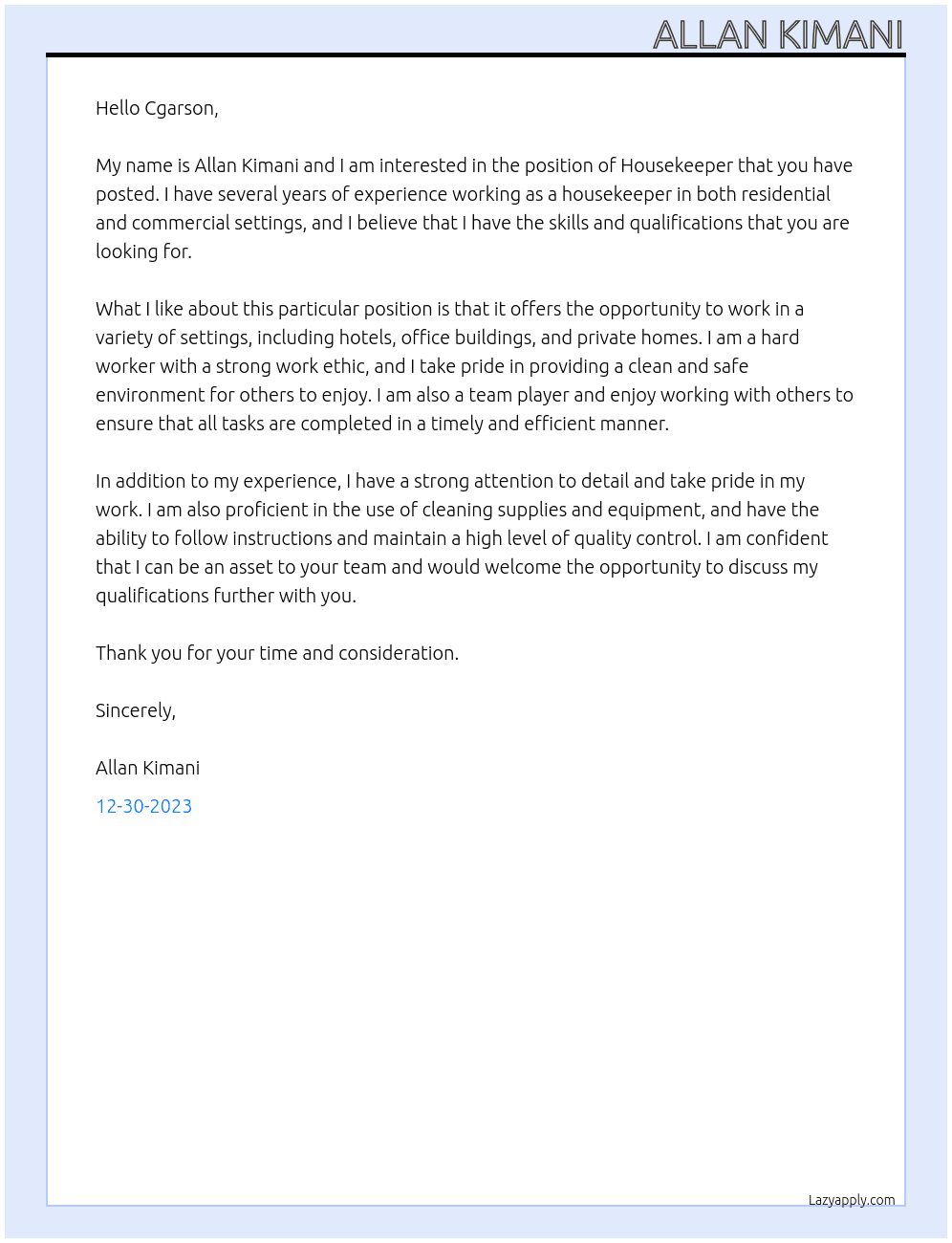 Housekeeper  At Cgarson Cover Letter
