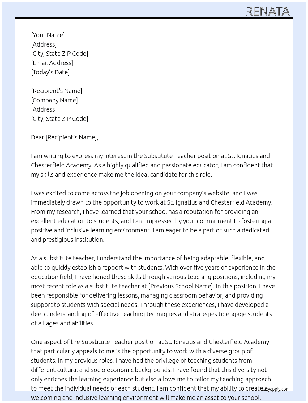 Substitute teacher At St. Ignatius and Chesterfeild Acattimy Cover Letter