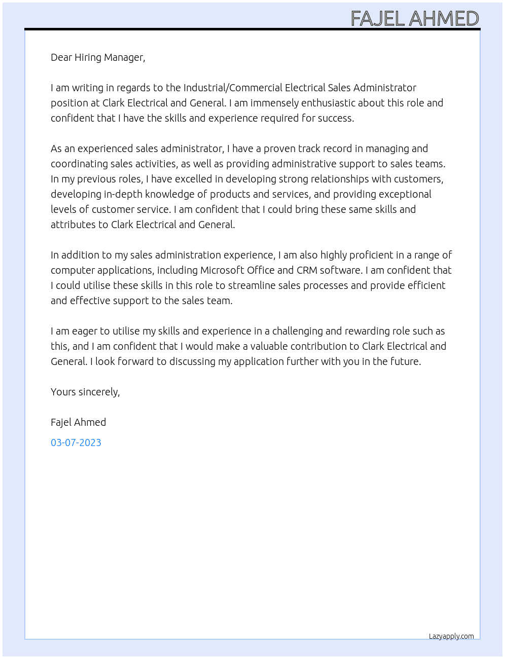 Industrial / Commercial Electrical Sales Administrator  At Clark Electrical and General   Cover Letter