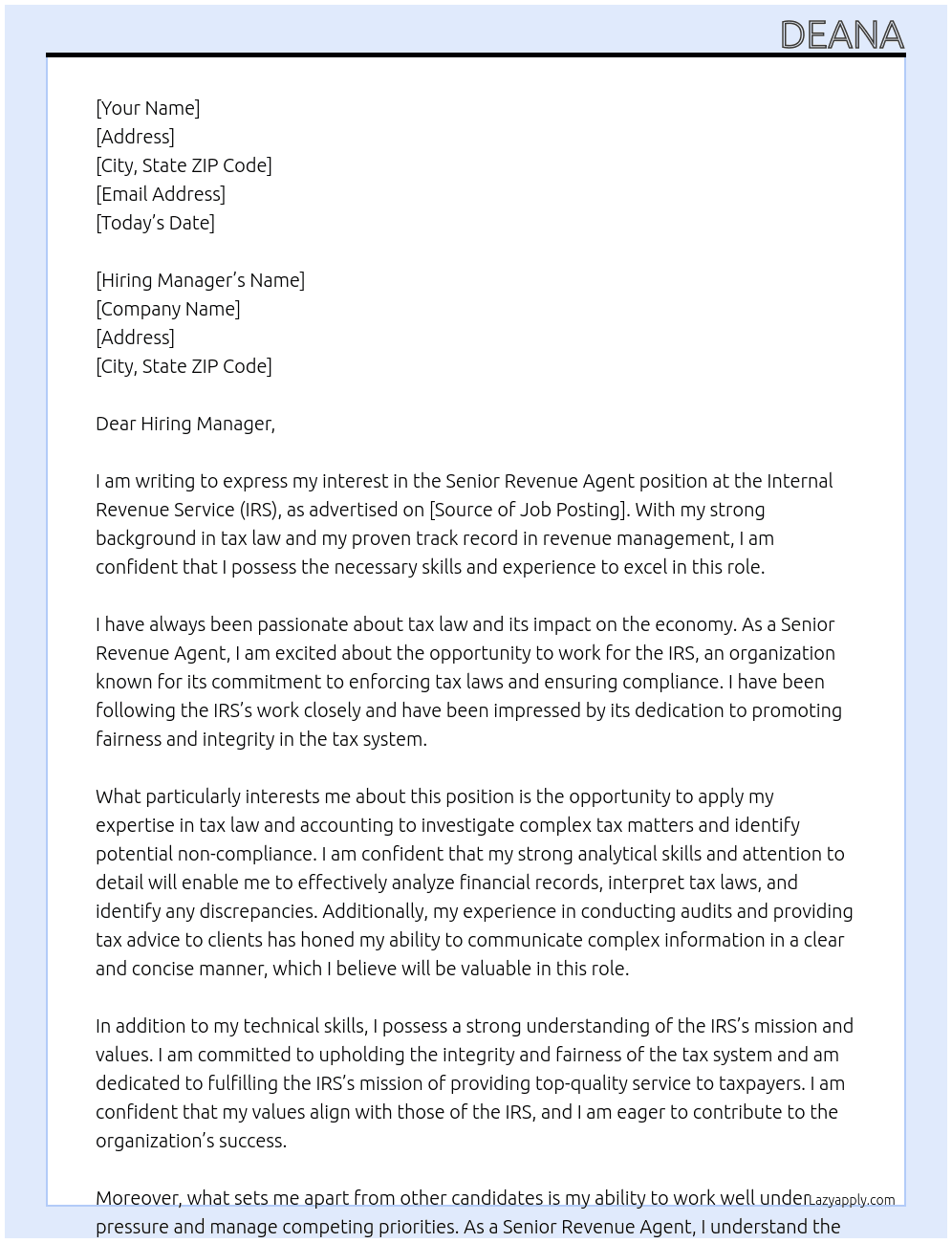 Senior Revenue Agent At IRS Cover Letter