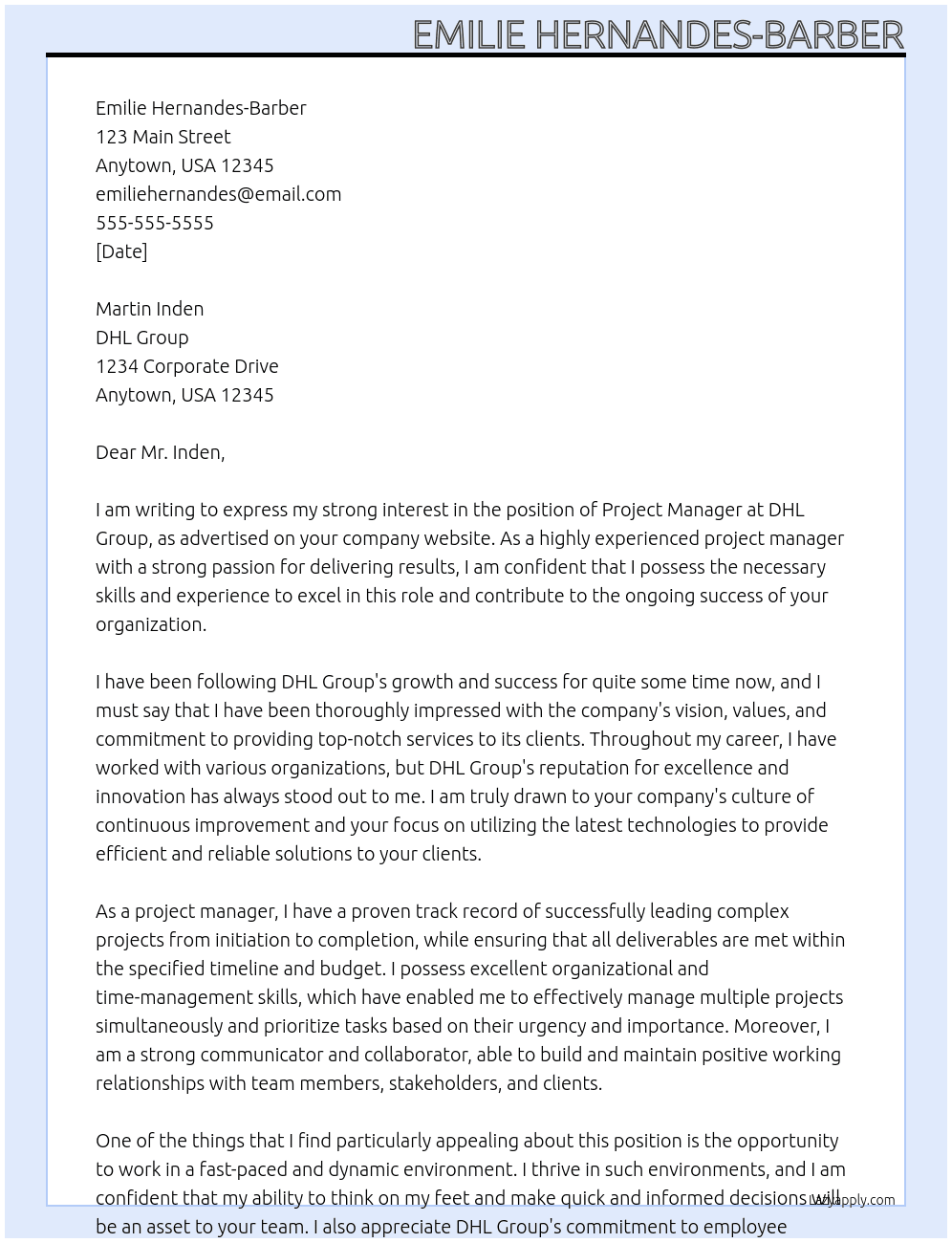 project manager  At DHL Group Cover Letter