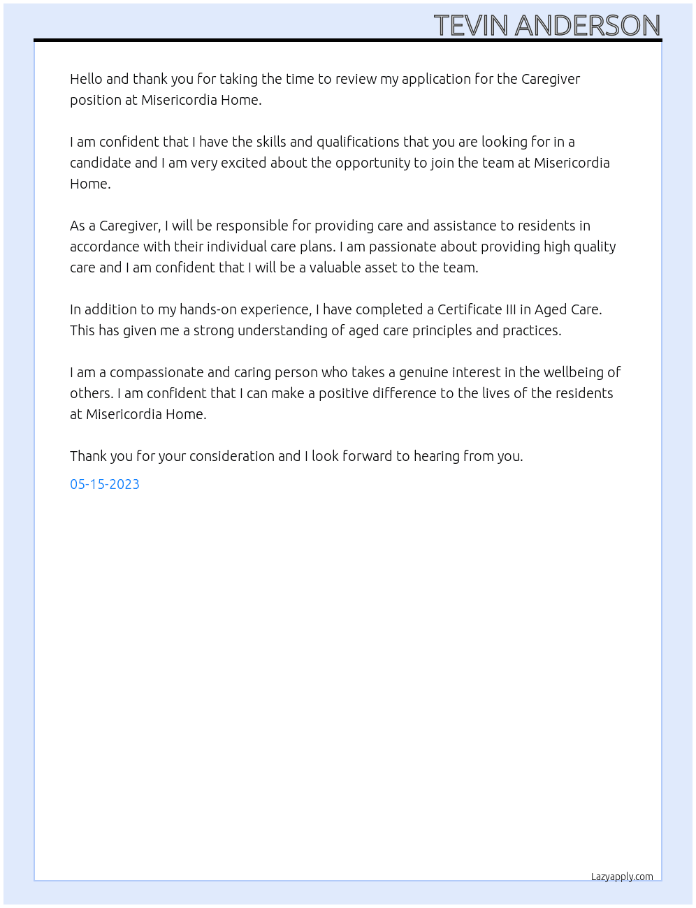 Caregiver At Misericordia Home Cover Letter