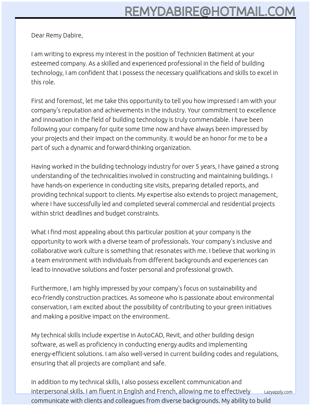 technicien batiment At remydabire@hotmail.com Cover Letter