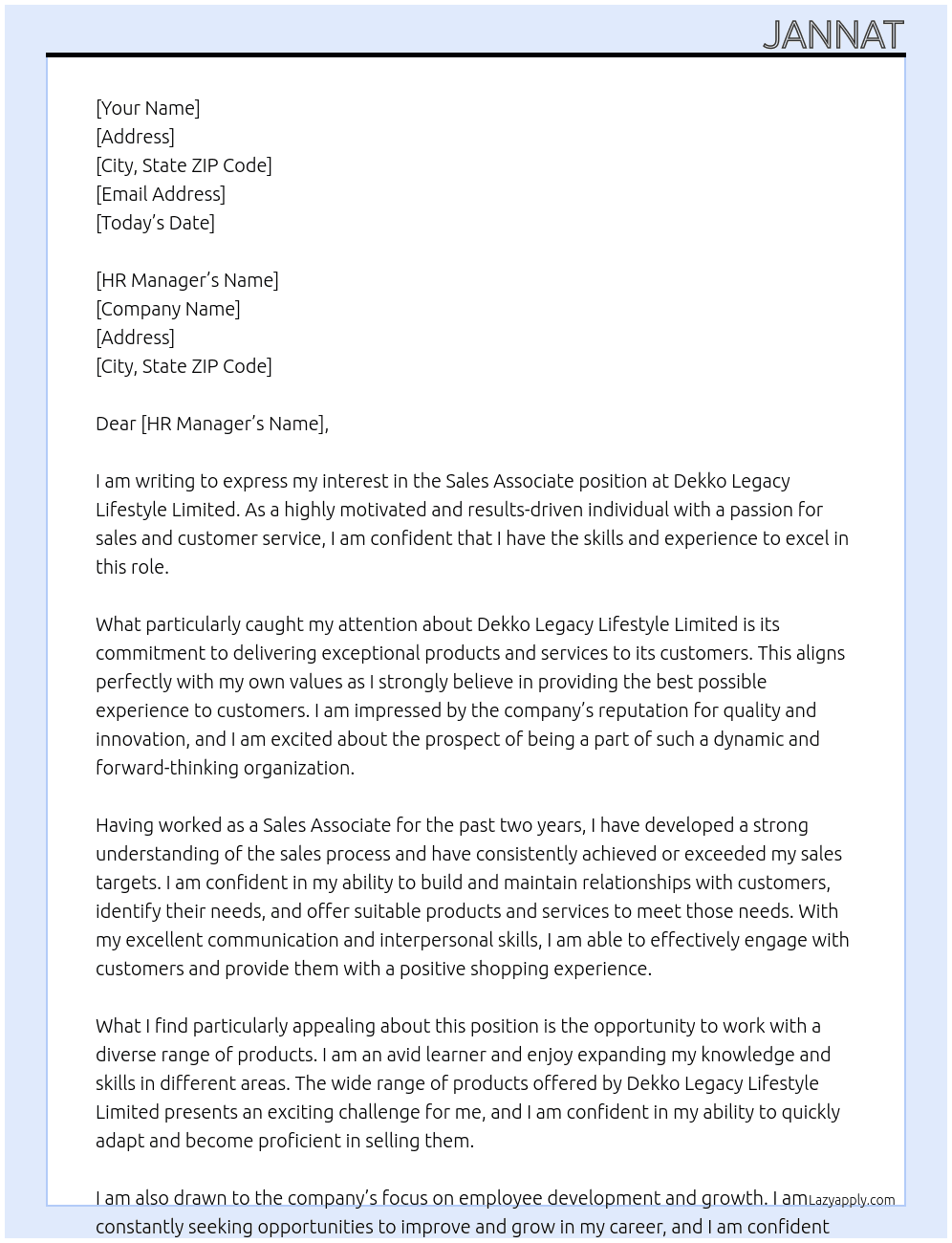 sales associate At Dekko legacy lifestye limited Cover Letter