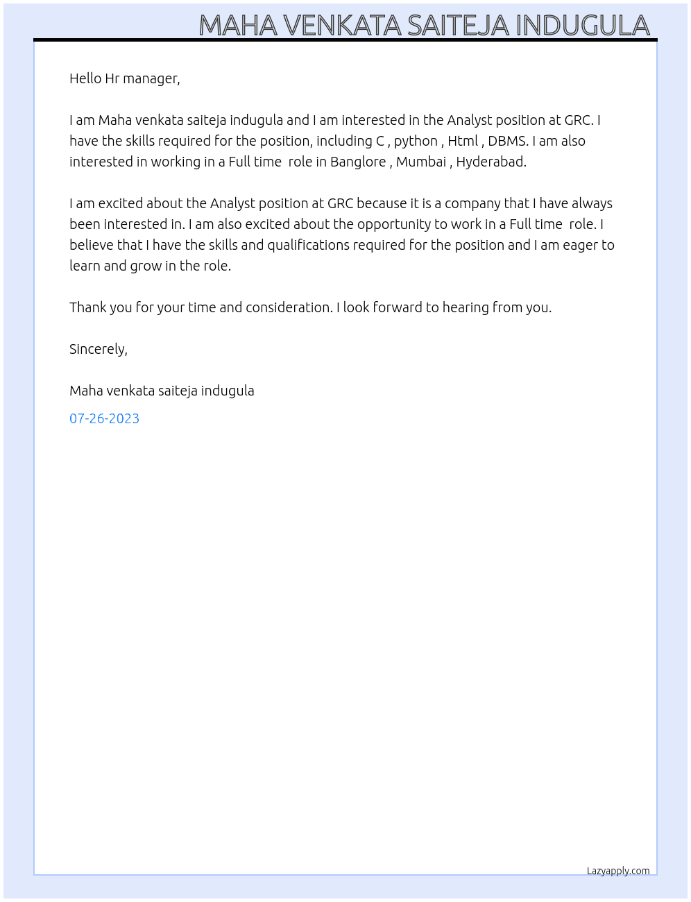 Analyst  At GRC Cover Letter